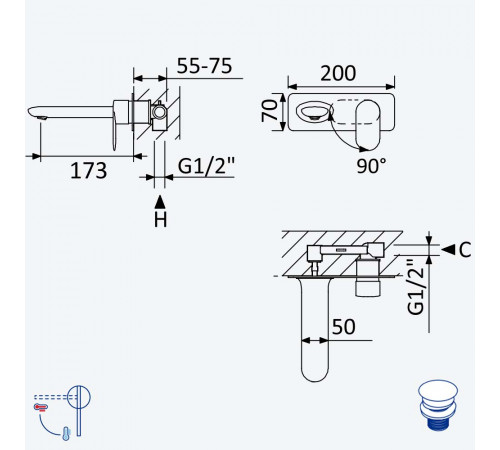 Смеситель для раковины, настенный со сливным клапаном push-open 1 1/4'' - Elo Spring 112 231 0MM нержавеющая сталь