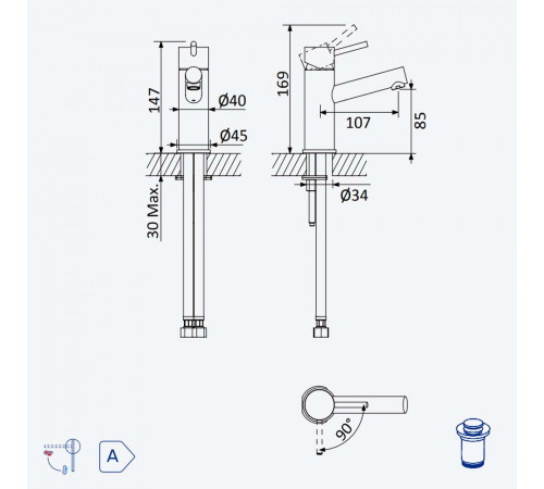 Смеситель для умывальника с отжимным механизмом push-open 1 1/4'' - Liz Lusitano 107 000 1MG оружейная сталь