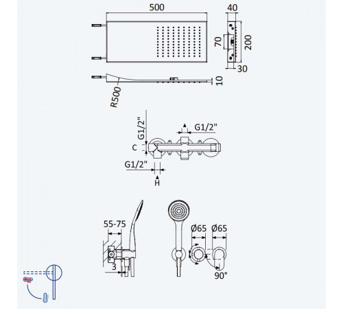 Душевой набор, скрытого монтажа, с душевой лейкой Line (Дождь) Spring 112 574 1MM нержавеющая сталь