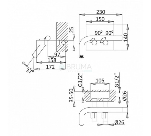 Смеситель для раковины, настенный на планке Lusa 101 230 3SR золото матовое