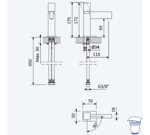Смеситель для раковины со сливным клапаном push-open 1 1/4'' - Quadra Adamastor 301 014 2SR золото матовое