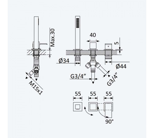 Смеситель на борт ванны, с ручным душем Quadra - 2 выхода Linea 182 501 1SS бронза матовая