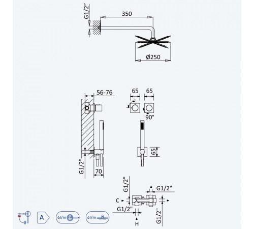 Душевой набор, скрытого монтажа, горизонтальный, с латунной душевой лейкой  250 мм, и ручным душем Elo ручка тип 2 Lusa 101 753 1SS бронза матовая