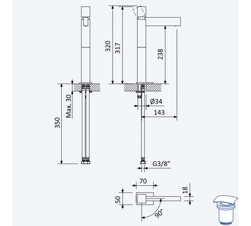 Смеситель для раковины высокий, настольный со сливным клапаном push-open 1 1/4'' - Quadra Adamastor 301 214 2SR золото матовое