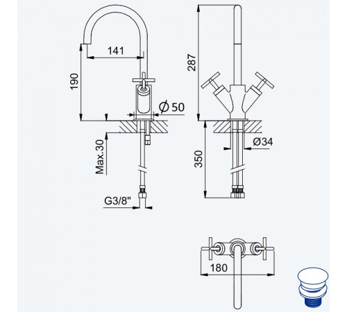 Смеситель для раковины , настольный со сливным клапаном push-open 1 1/4'' - Elo Hera 106 021 0MG оружейная сталь