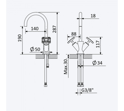 Смеситель для раковины, настольный со сливным клапаном push-open 1 1/4'' - Elo Navy 190 011 1MG оружейная сталь