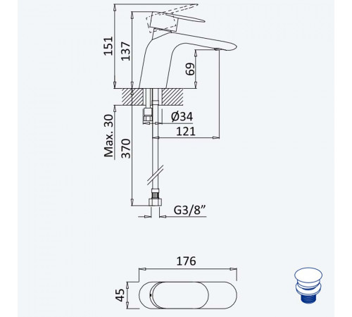 Смеситель для раковины со сливным клапаном push-open 1 1/4'' - Elo Spring 112 011 0SR золото матовое